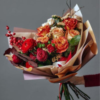 Unique” Red Flower Mix of Roses and Seasonal Flowers – Extraordinary Burgundy Bouquet